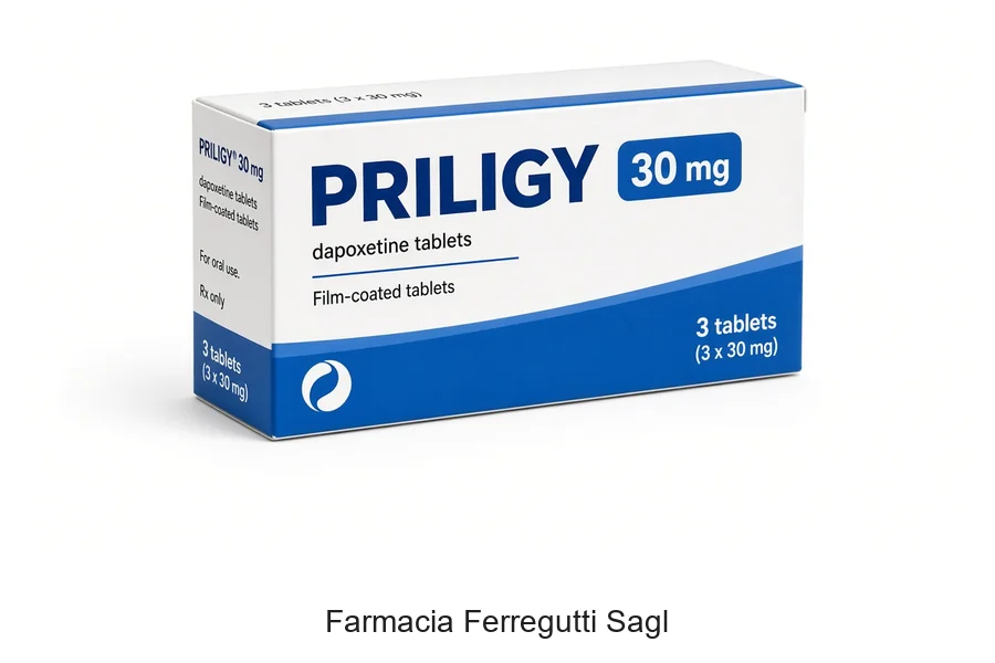 Confezione originale Priligy 30 mg Dapoxetina Menarini in Farmacia Ferregutti Mendrisio